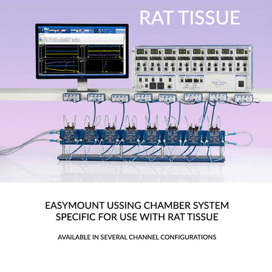 EasyMount Ussing chamber system designed for rat intestinal and epithelial tissue studies, featuring multi-channel Ussing chambers, large-format tissue sliders, voltage clamp amplifier array, perfusion and stimulation modules, and real-time electrophysiology and ion transport data monitoring for advanced transepithelial transport, TEER measurement, and Ussing chamber research applications.