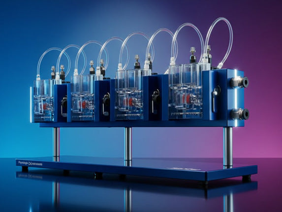 Multi-channel Ussing chambers with precision acrylic chambers, perfusion ports, tissue clamps, and gas-lift tubing mounted on an EasyMount base for epithelial transport studies, TEER measurement, ion flux assays, and advanced Ussing chamber electrophysiology research.