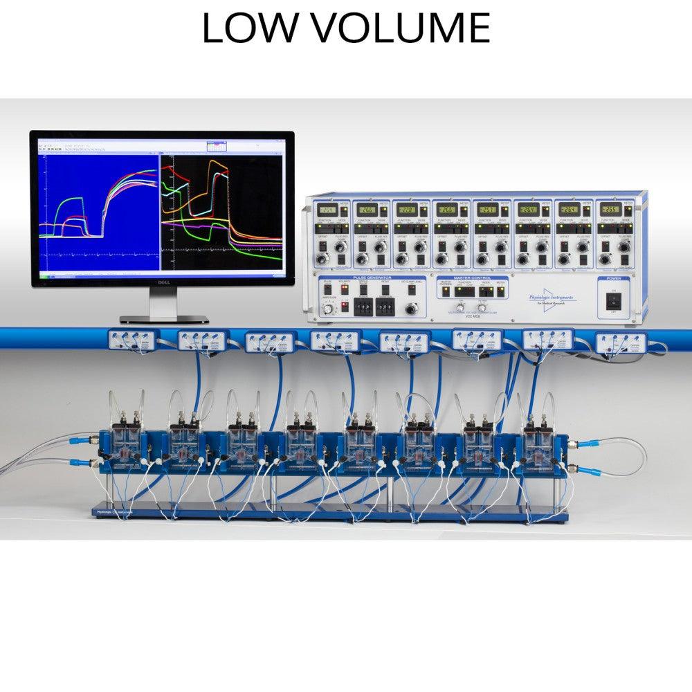 Ussing Chamber System specifically designed for low volume applications. This ussing chamber system is designed for the study of transport in tissues where low net transport quantities or assays requiring higher solute concentrations are involved. Our ussing chamber system are models: EM-8LV, EM6-LV, & EM-2LV.