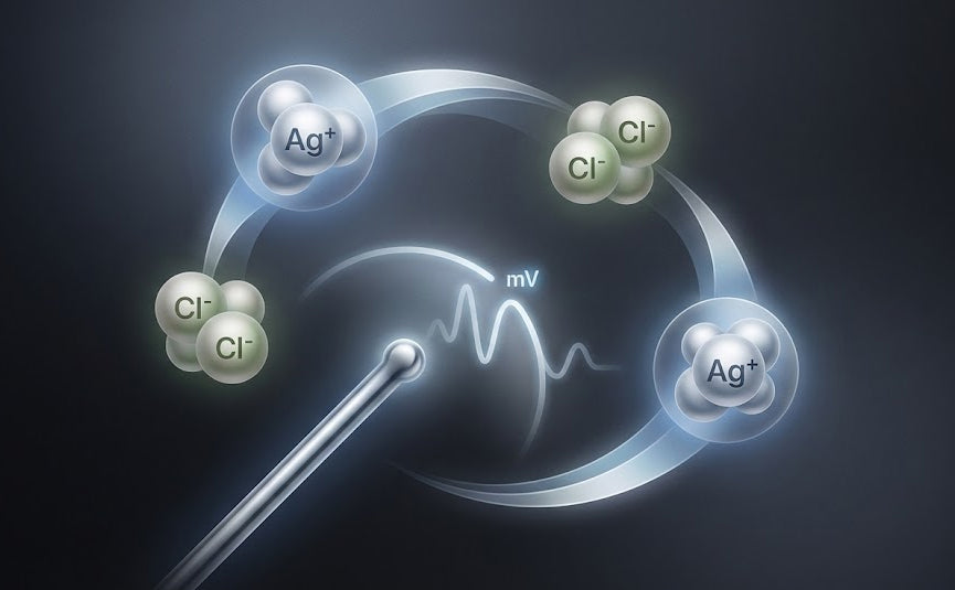 Abstract scientific illustration symbolizing Ag/AgCl electrode chemistry and electrophysiology measurements