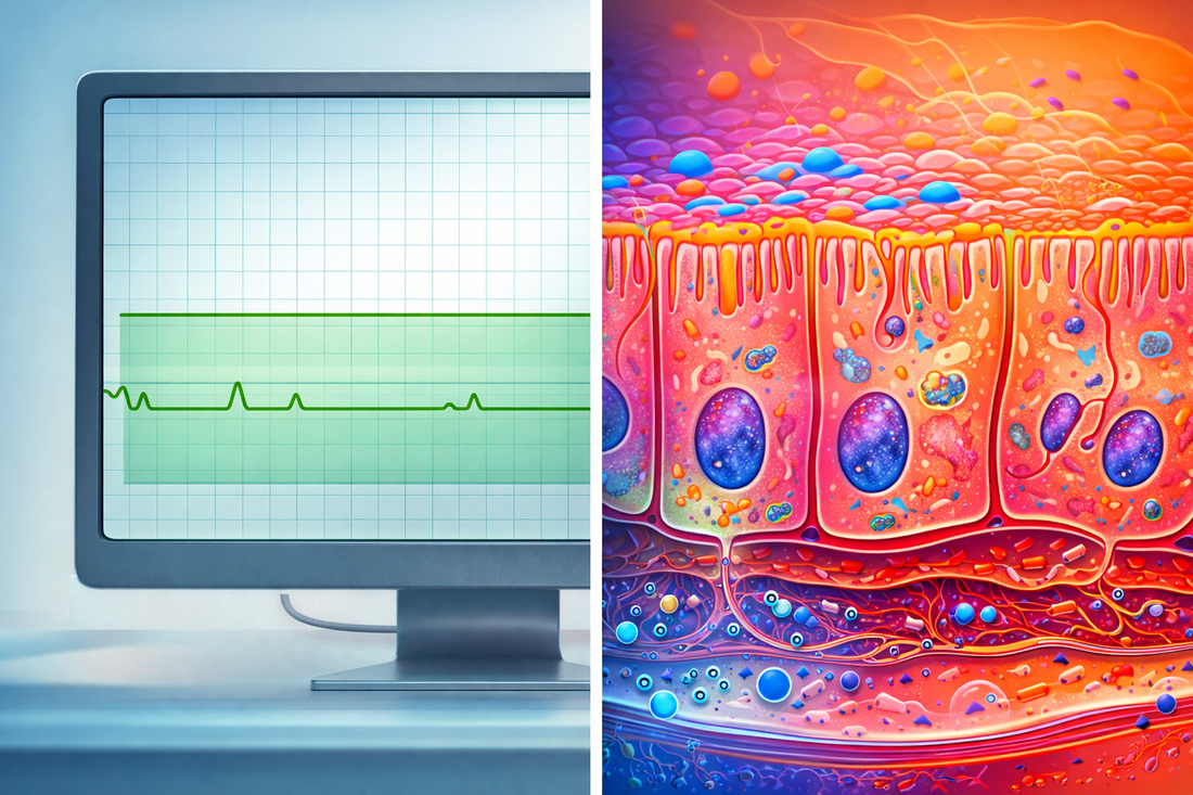 Stable TEER trace beside a colorful epithelial tissue illustration, showing that a steady electrical signal can mask underlying tissue stress or loss of function.
