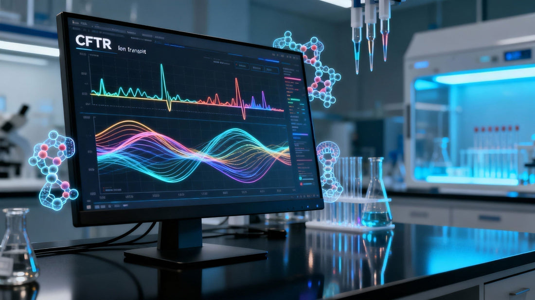 Advanced CFTR research laboratory showing chloride transport data and CFTR protein visualizations on a computer workstation, representing progress in electrophysiology, ion-channel analysis, and modern cystic fibrosis science.