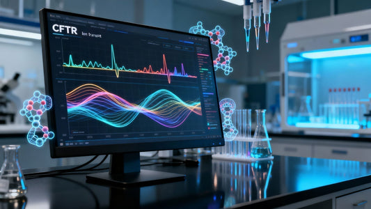 Advanced CFTR research laboratory showing chloride transport data and CFTR protein visualizations on a computer workstation, representing progress in electrophysiology, ion-channel analysis, and modern cystic fibrosis science.