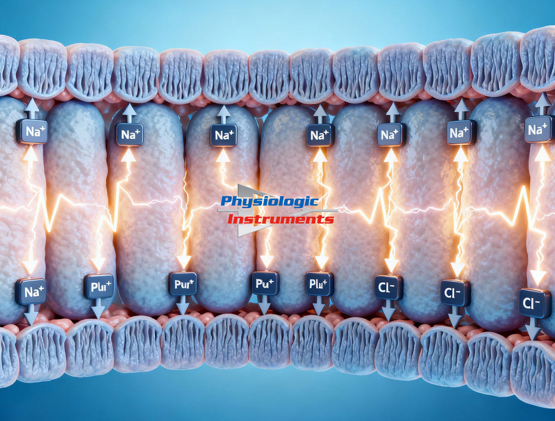 Illustration of epithelial cells forming a polarized barrier with ion channels and pumps across apical and basolateral membranes, showing Na⁺ and Cl⁻ movement and electrical potential gradients.