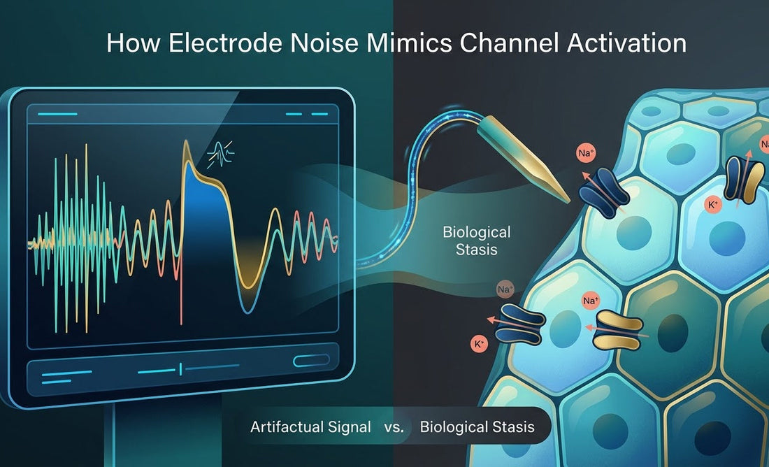 Colorful scientific illustration showing a noisy electrophysiology trace that resembles activation, contrasted with stable epithelial tissue to represent electrode artifact mistaken for biological response.