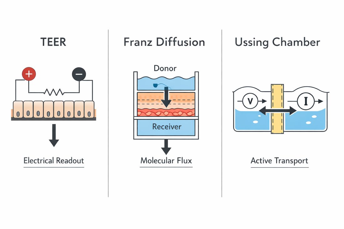 Comparison of epithelial barrier testing methods showing TEER electrical resistance measurement, Franz diffusion molecular permeability across skin, and Ussing chamber active ion transport across epithelial tissue