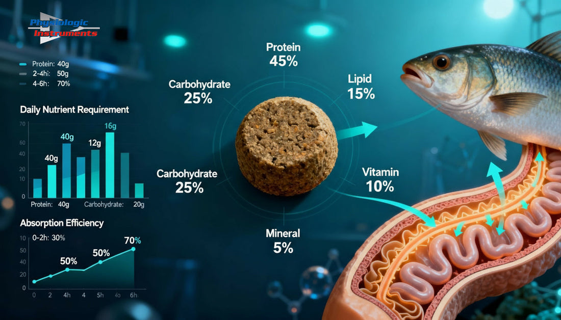 Scientific illustration comparing fish feed composition versus nutrient absorption across the intestinal wall, measured using Ussing chamber systems by Physiologic Instruments.