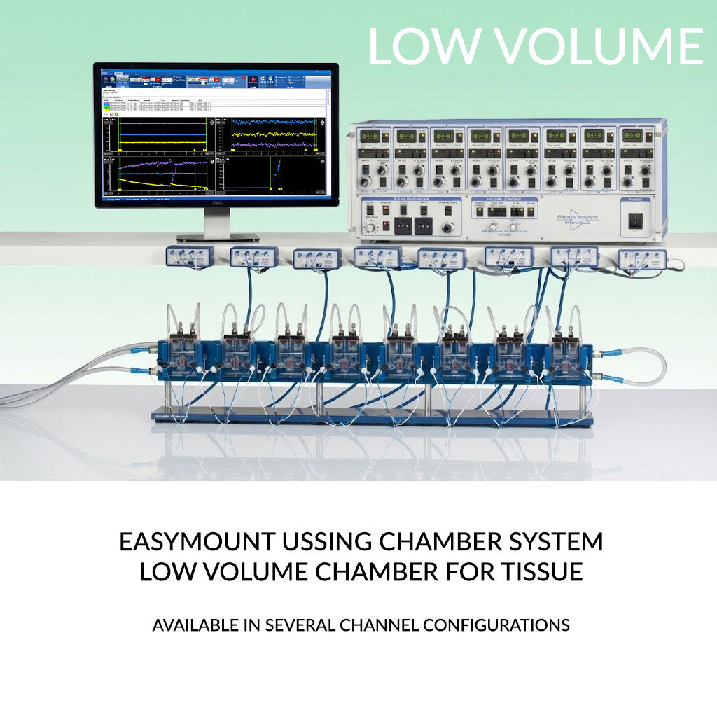 EasyMount low-volume Ussing chamber system featuring multi-channel chambers, tissue sliders, voltage clamp amplifier, perfusion modules, and data-acquisition monitor for advanced epithelial transport and electrophysiology research.