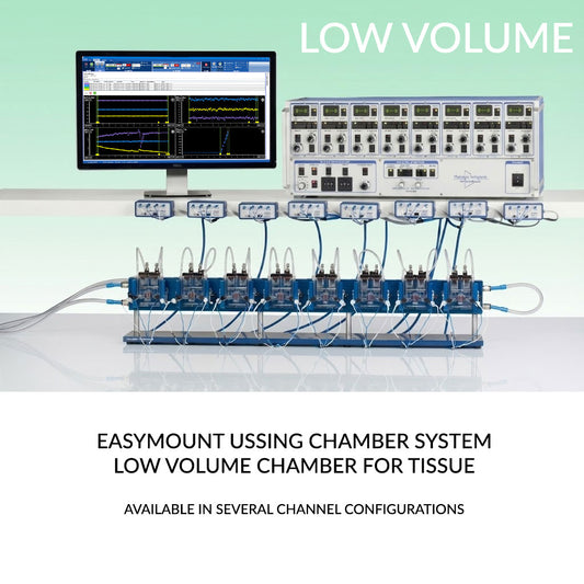 EasyMount low-volume Ussing chamber system featuring multi-channel chambers, tissue sliders, voltage clamp amplifier, perfusion modules, and data-acquisition monitor for advanced epithelial transport and electrophysiology research.