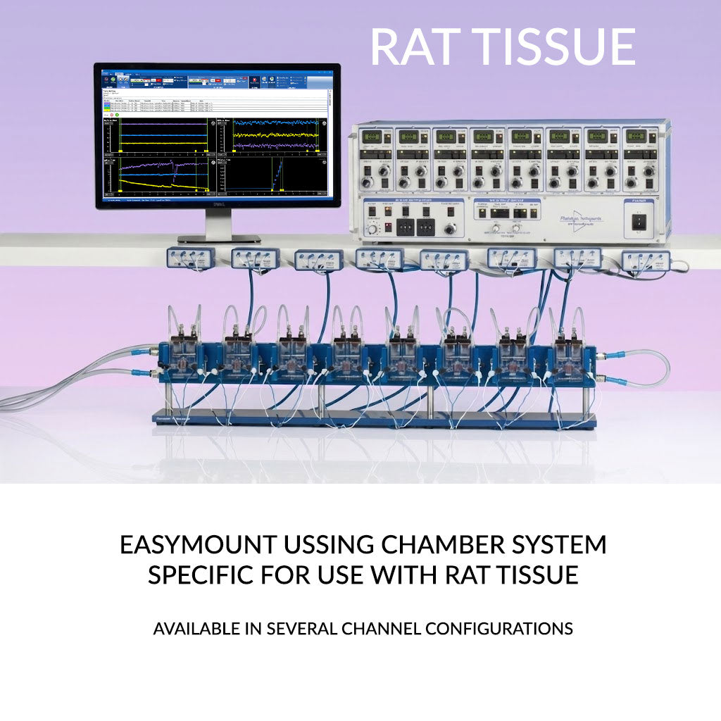 EasyMount Ussing chamber system designed for rat intestinal and epithelial tissue studies, featuring multi-channel Ussing chambers, large-format tissue sliders, voltage clamp amplifier array, perfusion and stimulation modules, and real-time electrophysiology and ion transport data monitoring for advanced transepithelial transport, TEER measurement, and Ussing chamber research applications.