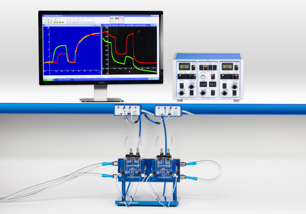 Ussing Chamber System by Physiologic Instruments — Specific for Rat Tissue samples this two channel Ussing chamber platform designed for epithelial transport, ion channel, and CFTR research. Each complete system includes precision voltage-current clamps, EasyMount chambers, and accessories for accurate TEER and short-circuit current (SCC) measurements in cell or tissue samples. 