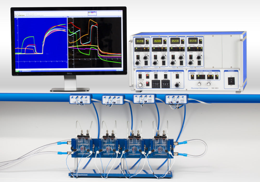 Ussing Chamber System by Physiologic Instruments — Specific for Rat Tissue samples this four channel Ussing chamber platform designed for epithelial transport, ion channel, and CFTR research. Each complete system includes precision voltage-current clamps, EasyMount chambers, and accessories for accurate TEER and short-circuit current (SCC) measurements in cell or tissue samples. 