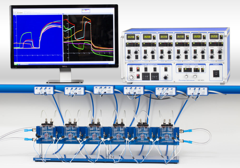 Ussing Chamber System by Physiologic Instruments — advanced Cell & Tissue samples this Low Volume eight channel Ussing chamber platform designed for epithelial transport, ion channel, and CFTR research. Each complete system includes precision voltage-current clamps, EasyMount chambers, and accessories for accurate TEER and short-circuit current (SCC) measurements in cell or tissue samples. 