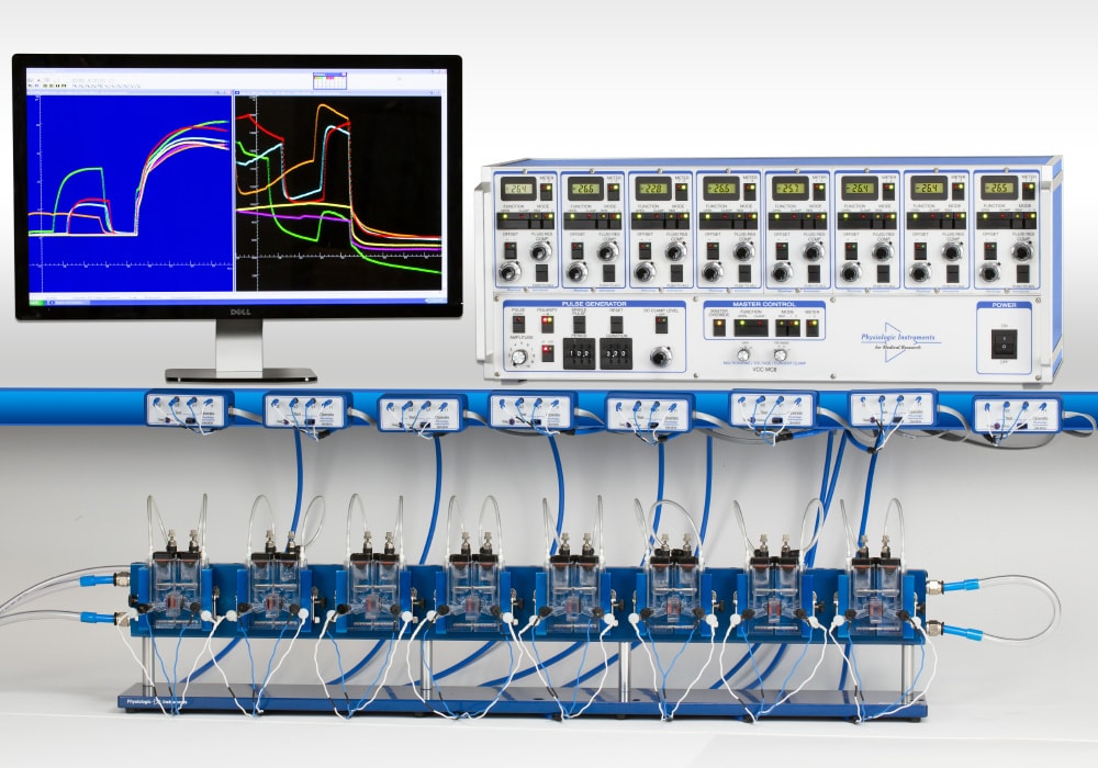 Ussing Chamber System by Physiologic Instruments — advanced Cell & Tissue samples this Low Volume eight channel Ussing chamber platform designed for epithelial transport, ion channel, and CFTR research. Each complete system includes precision voltage-current clamps, EasyMount chambers, and accessories for accurate TEER and short-circuit current (SCC) measurements in cell or tissue samples. 