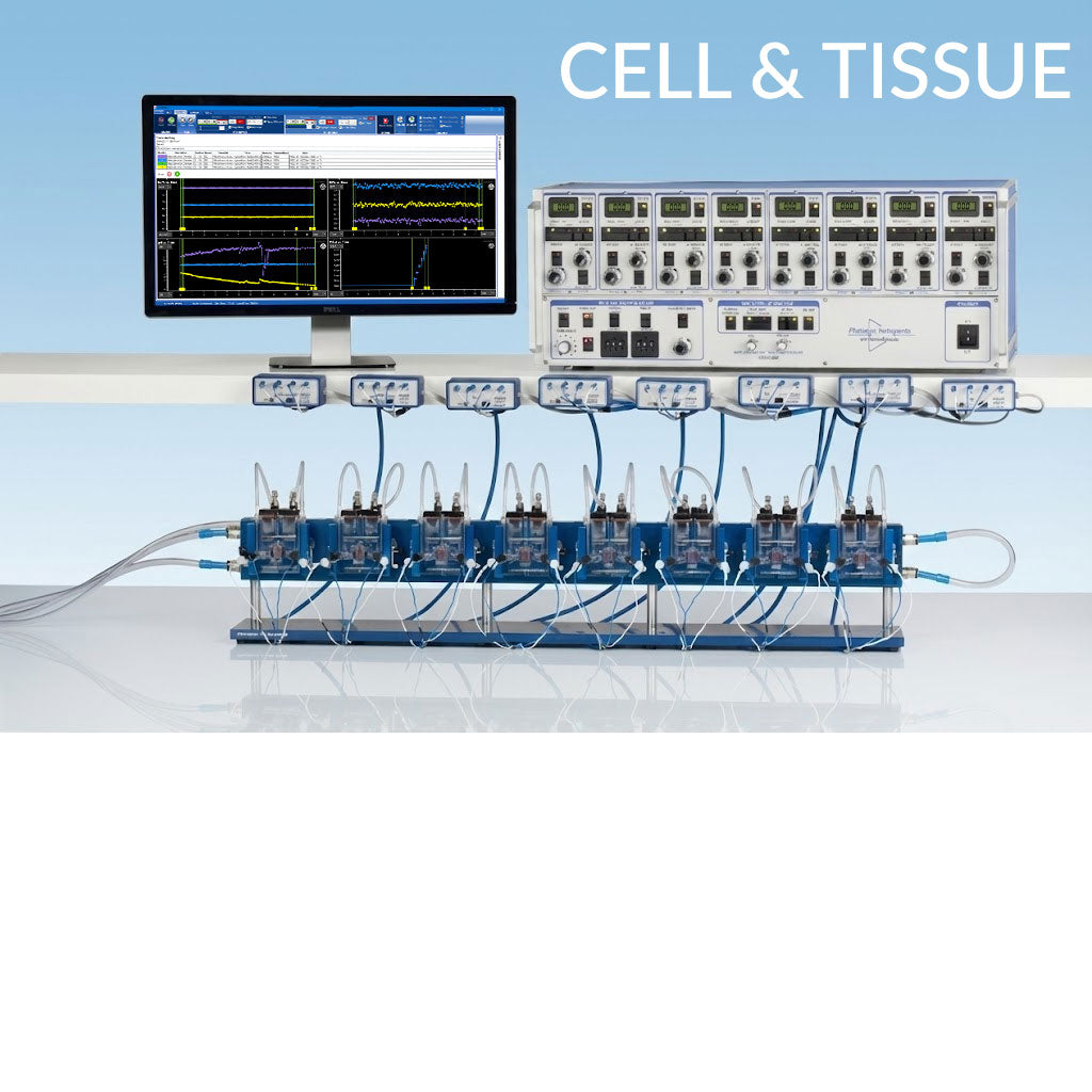 EasyMount Ussing chamber system for cell culture and animal tissue electrophysiology, featuring multi-channel Ussing chambers, epithelial tissue sliders, voltage clamp amplifier array, perfusion and stimulation modules, and real-time transepithelial transport data displayed on the monitoring software for advanced Ussing chamber TEER and ion transport research.
