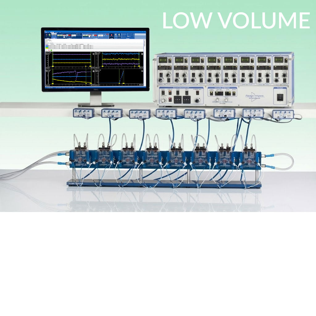 EasyMount low-volume Ussing chamber system featuring multi-channel chambers, tissue sliders, voltage clamp amplifier, perfusion modules, and data-acquisition monitor for advanced epithelial transport and electrophysiology research.