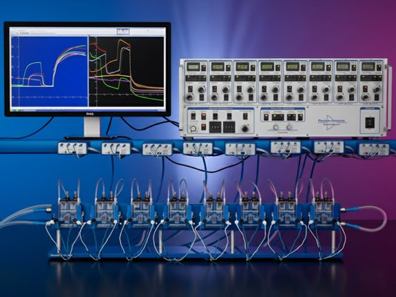 Complete multi-channel Ussing chamber system for CFTR and epithelial ion transport research, featuring EasyMount Ussing chambers, tissue sliders, perfusion modules, multi-channel voltage-current clamp amplifier, and real-time electrophysiology software for transepithelial voltage clamping, TEER measurement, chloride secretion assays, and advanced Ussing chamber studies.
