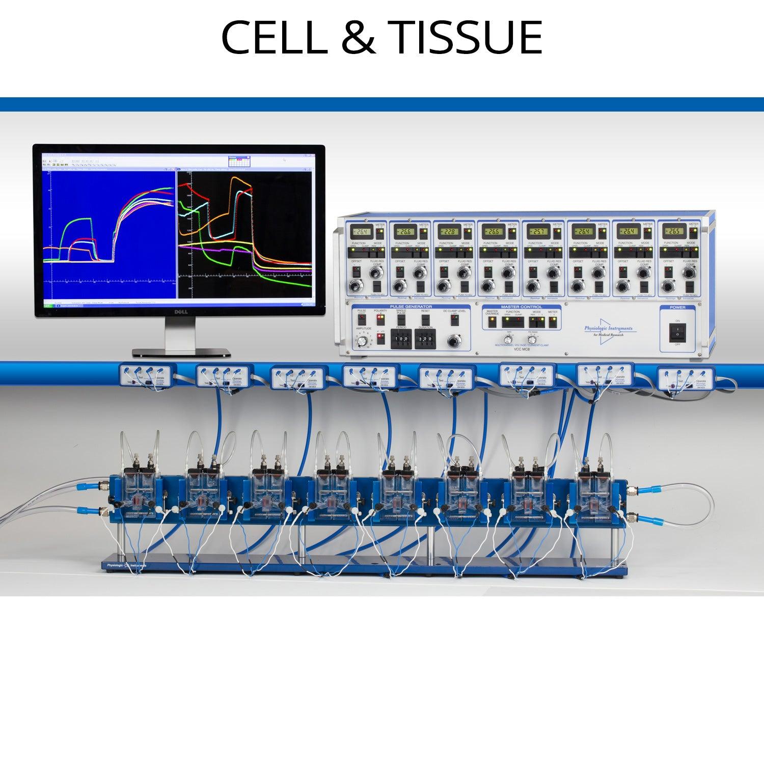 Ussing Chamber System by Physiologic Instruments — advanced Cell & Tissue samples this eight channel Ussing chamber platform designed for epithelial transport, ion channel, and CFTR research. Each complete system includes precision voltage-current clamps, EasyMount chambers, and accessories for accurate TEER and short-circuit current (SCC) measurements in cell or tissue samples. 